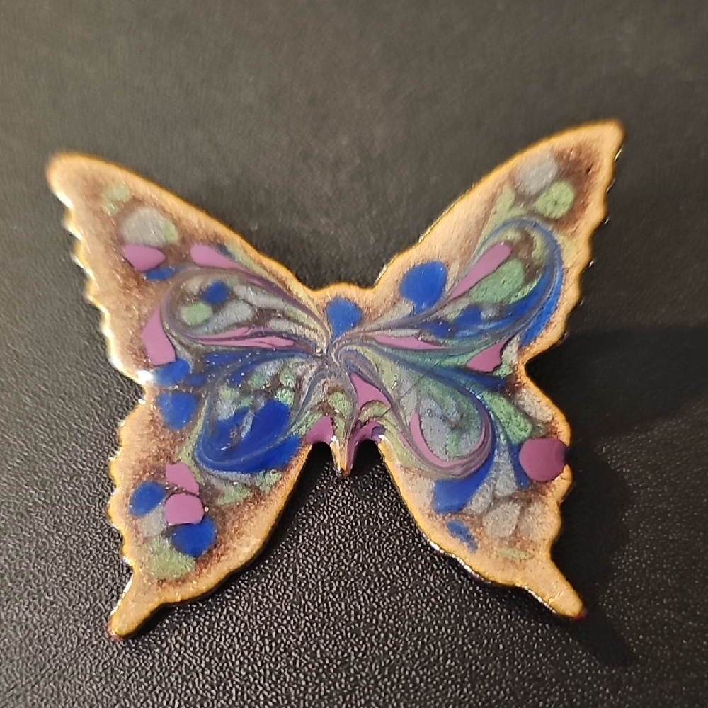 Vintage Hand Painted Colorful Butterfly Brooch Signed By Inga